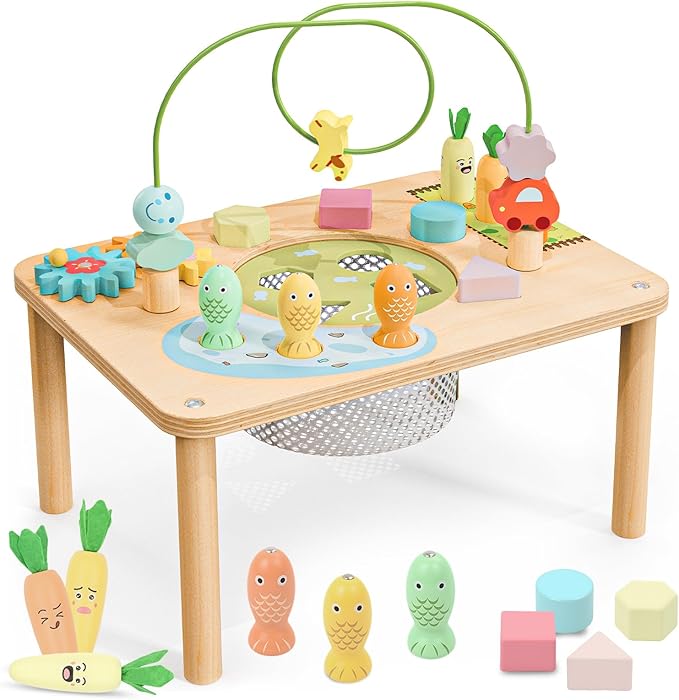 wingyz Activity Table, 6 in 1 Wooden Montessori Activity Center with Bead Maze Shape Sorter Fishing Game, Kids Sensory Play Table Toddler Toys 1st Birthday Gifts Boy Girl(Morandi-Square)
