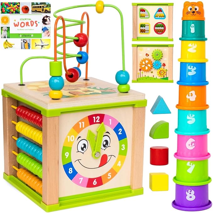 Toyventive Wooden Kids Baby Activity Cube - Girls Gift Set | 1st Birthday Gifts Toys for 1 One, 2 Year Old Girl | Developmental Toddler Educational Learning Girl Toys 12-18 Months | Bead Maze