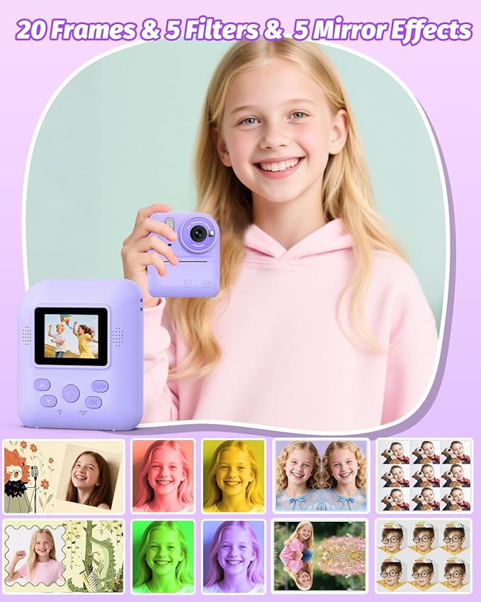 Kids Camera Instant Print Photo, Portable Thermal Printing Camera Toy with HD Digital Video, for 3-12 Years Old Boys Girls, Creativity & Learning (Purple)