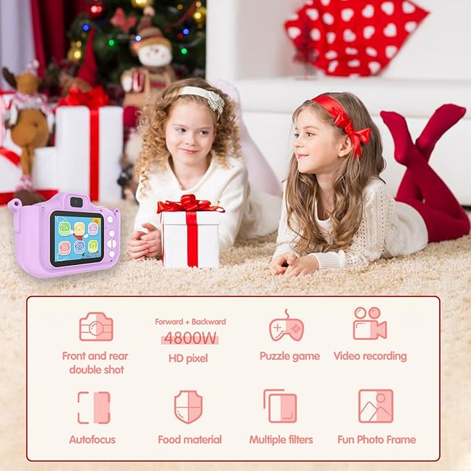 Kids Camera for 3-9 Year Old Boys Girls, Children Digital Camera with Cute Cartoon Soft Cover & 32GB SD Card, Best Christmas Birthday Gifts for Grandkids, Halloween Party Favors for Kids - Purple