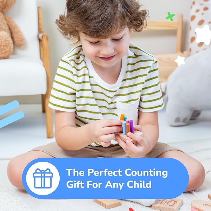 Bimi Boo Counting Peg Boards and Number Tracing for Kids - Wooden Montessori Arithmetic Math Toy Set for Toddlers and Preschoolers - Math Manipulatives for Kindergarten (55 Pegs, 10 Boards, 1 Pencil)