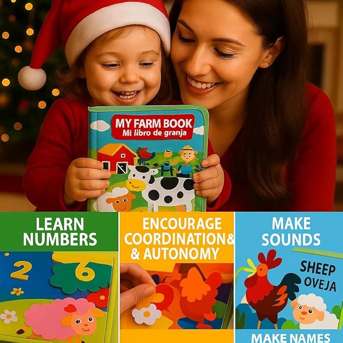 Montessori Bilingual Sensory Book (ES/EN) Children 1-5 Years, Educational Toy and Sensory Play with Activities and Gift Stickers, Interactive Busy Board Style Book, Original Gift for Baby or Child