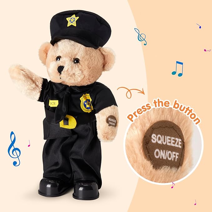 Houwsbaby 14" Electronic Police Teddy Bear Stuffed Animal Dancing Music Singing Waving Interactive Teddy Bear Plush Toy Presents for Kids Boys Girls Birthday