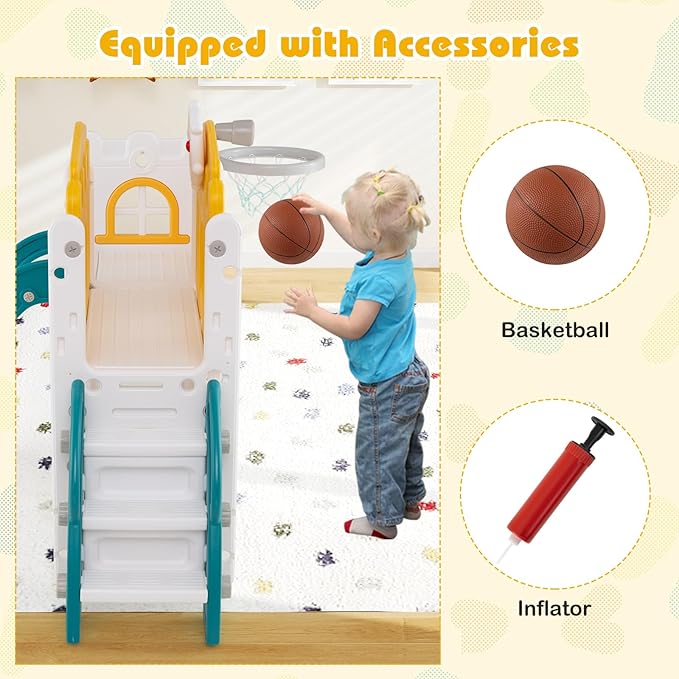 Costzon 9 in 1 Toddler Slide, Kids Slide and Climber Playset with Basketball Hoop, Telescope, Steering Wheel, Aisle, Tunnel & Storage Space, Baby Indoor Playground for Kids Aged 1+