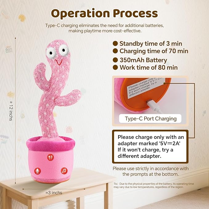 Rechargeable Dancing Talking Cactus Toy for Baby Toddlers, Baby Girl Toys, Volume Adjustable, Mimicking, Recording, Singing English Songs, Xmas Baby Toys & Gifts for Girls, Stocking Stuffers for Kids