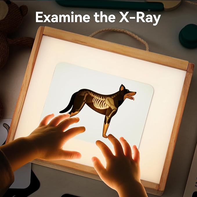 Doctor Kit for Toddlers 3-5, Pet Vet Pretend Play Toys for Kids, with X-Ray, Wooden Light Box, Medical Tools, STEM Educational Montessori Toys