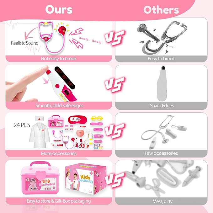 24Pcs Doctor Kit for Toddlers 3-5, Kids Doctor Pretend Play Set with Costume, Stethoscope, Funny Doctors Kit Toys Christmas Birthday Gift for Girls Ages 3 4 5 Year Old, Pink