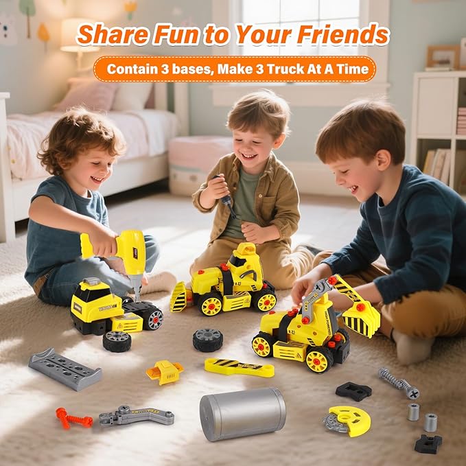 Take Apart Toys with Electric Drill Truck Construction Set DIY Engineering Building Toy Push Go STEM Toy (9 in 3 Take Apart Toys)