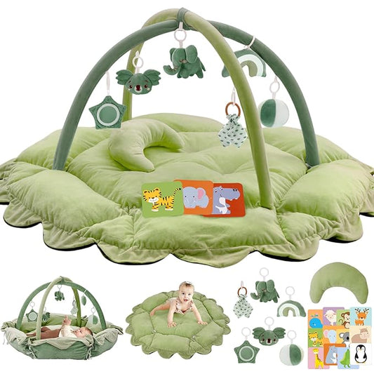 5-in-1 Plush Baby Play Gym, Tummy time mat, Play Mat, Baby Gym, Activity Mat with Convertible Gym and Pillow, 6 Sensory Toys, Play Center from Newborn to Toddler, Green