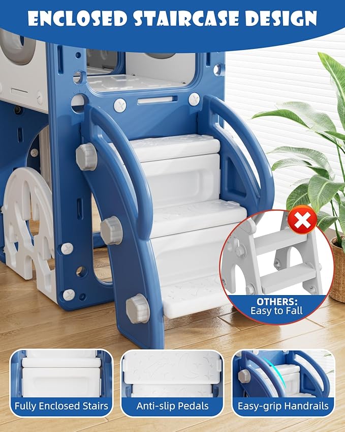 YUFU 13 in 1 Kids Slide for Toddlers, Toddler Slide Playset with Golf, Drawing Board, Climber, Basketball Hoop and Storage Space, Indoor Outdoor Toddler Playground for Kids Age 1-3 (Blue)