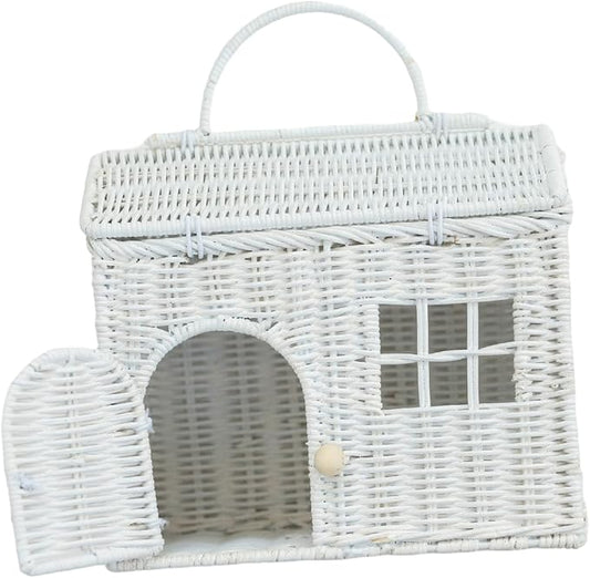 Rool Rattan House Shaped Basket Wicker Small Dollhouse Gift for Girls, Boho Toys, Mouse in a Box House, Little Girl Purse Clutch, Doll Carrier (White)