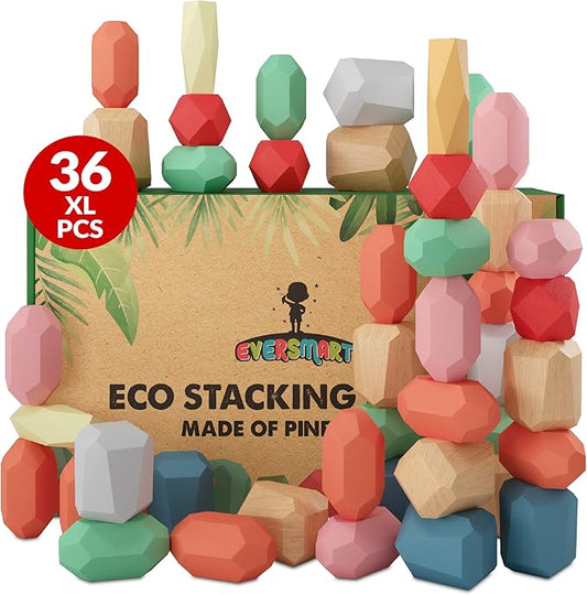 36 Pcs Wooden Stacking Blocks – Montessori Toys for 1 2 3 4 5 6 Year Old Toddlers and Kids, XL Rocks, No Choking Hazard – Sensory STEM Building Stones, for Girls and Boys