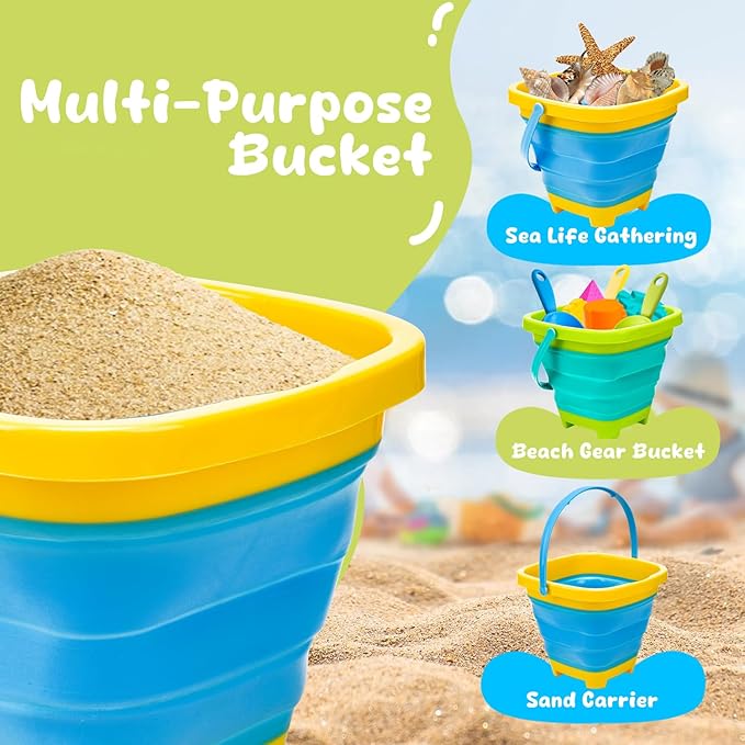 Beach Sand Toys for Toddler 1-3 with Trucks, 2 Collapsible Beach Toys for Kids Ages 4-8, Sandbox Toys for Toddler, Collapsible Beach Sand Buckets with Castle Sand Molds Shovels