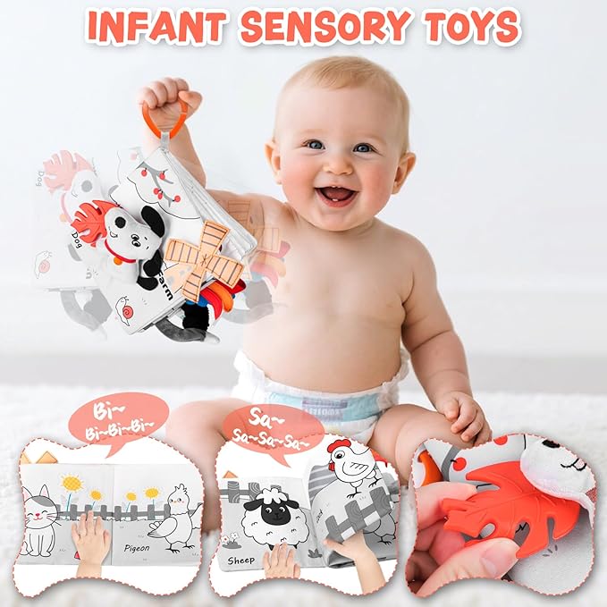 Baby Book 0-12 Months, Crinkle Cloth Book with Rattle & Touch and Feel Sensory Toys, Soft Teether for Infants, Educational Learning Toys, Ideal Baby Shower Easter Gifts for Boys Girls (Farm Animals)