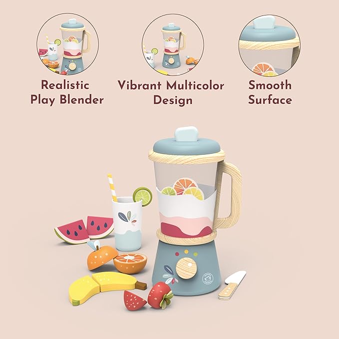 SPEEDY MONKEY Smoothie Maker Blender Set - FSC Wooden Food Blender Toy for Kids, Pretend Play Kitchen Appliance, Role Play Toy Mixer for Toddlers, Fun Fruity Smoothie Playset to Make a Healthy Shake