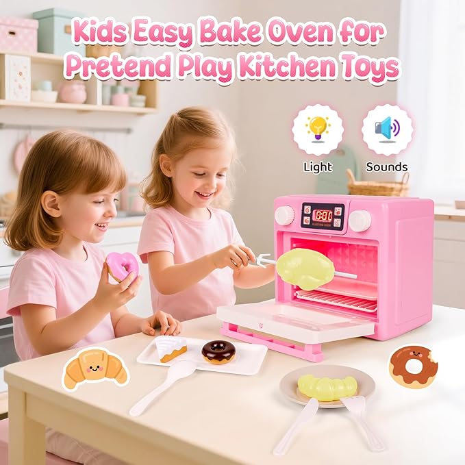 Play Kitchen for Toddlers Toy Oven, Pink Easy Bake Oven for Girls, Kids Kitchen Playset with Color-Changing Foods, Kids Microwave Toys Pretend Toddler Cooking Gifts for Girls Boys