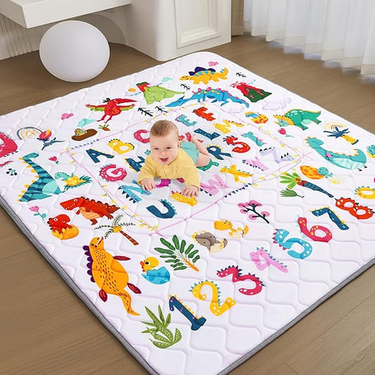 Baby Play Mat - Thicken 71x59 Inch Soft Foam Crawling Mat for Playpen & Floor, Non-Slip Waterproof Playmats for Infants & Toddlers, Portable Foldable & Machine Washable, Dinosaur & Letters