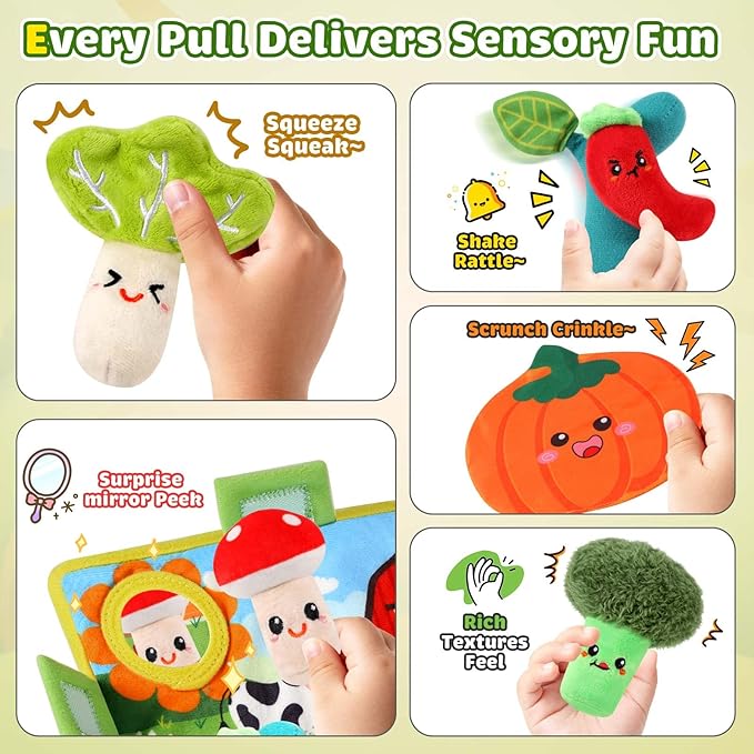 FREYBLI Baby Toys 6-12 Months - Soft Vegetable Garden Plant Plush Toy - 6 Month Old Developmental Toys Gifts, Montessori Sensory Toy for Baby with Rattles, Mirror, Squeaker, Textures, Crinkle Tissues