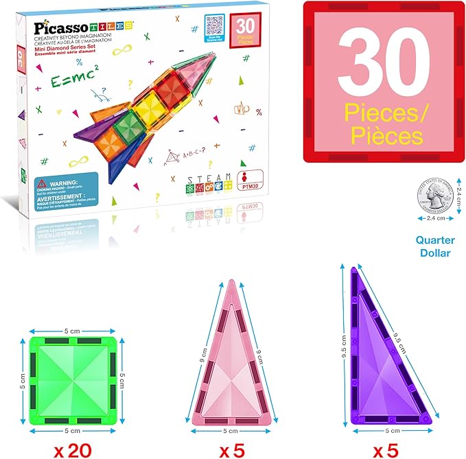 PicassoTiles 30pcs Mini Size Magnetic Tiles Sensory Magnet Toys Diamond Series Construction Building Blocks Set STEM Learning Travel Size Educational Toy for Kids Boys Girls Toddlers Age 3+ PTM30