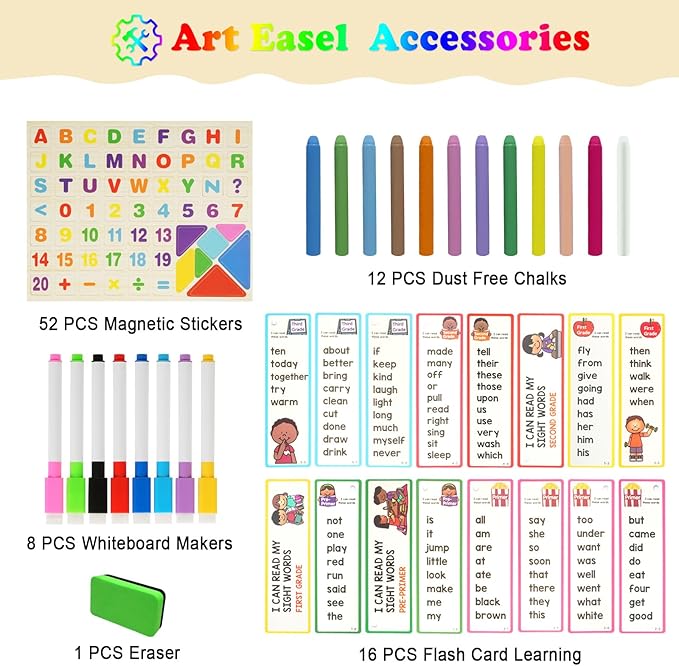 Kids Tabletop Double-Sided Wooden Art Easel - Chalkboard & Whiteboard Painting Board for Toddlers, Dry-Erase Classroom Desk Easel with Chalk, Markers, Eraser, Magnetic Letters/Numbers & Flashcards