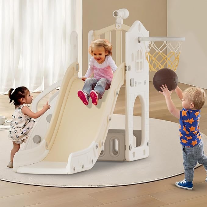 XJD 5 in 1 Toddler Slide, Kids Slide for Toddlers Age 1-3, Outdoor Indoor Playset for Toddlers with Basketball Hoop and Ball, Storage Space Christmas Birthday Gifts for Toddler (Beige)