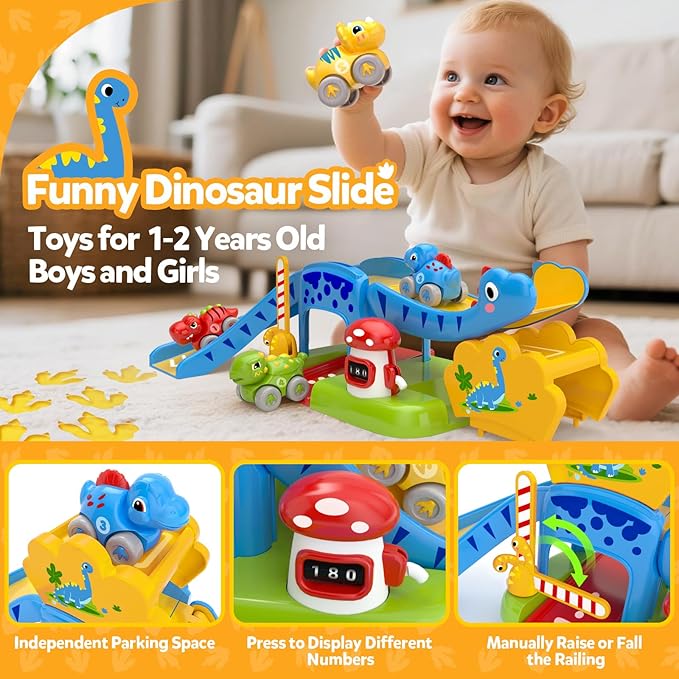 Toddler Toys for 1 Year Old Boy Gifts - Educational Dinosaur Slide Set with 4 Color/Number Push Cars and Playmat, Montessori Learning Toy for Baby 12-18 Months, 1st Birthday Present Ages 1-1.5, Yellow