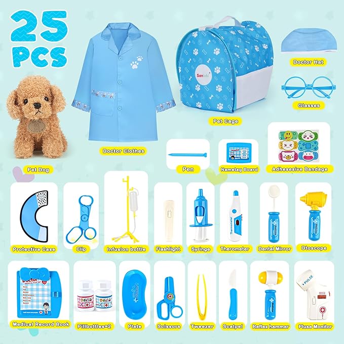 Doctors Set for Kids - Children Pet Vet Care Play Set with Doctor Costume, Plush Dog, Pretend Role Play Medical Kit Toys Gifts for 3 4 5 6 Year Old Girls