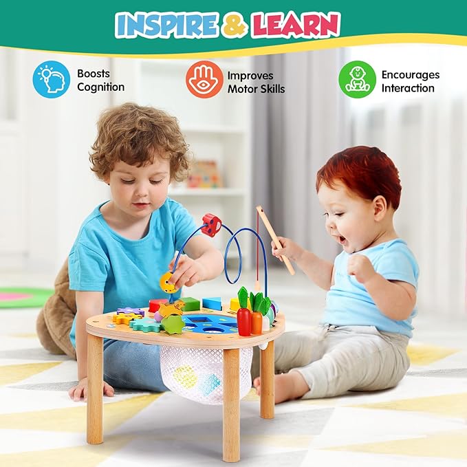 wingyz Activity Table for 1+ Year Old, 6 in 1 Wooden Montessori Activity Center Play Table with Bead Maze Shape Sorter Fishing Game, Kids Sensory Educational Toddler Learning Toys