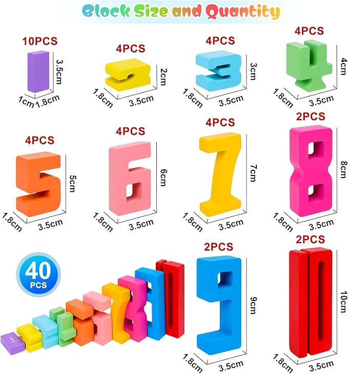 40 PCS Wooden Number Building Blocks, Math Learning Tools Digital Building Blocks 1-10 for Kids, Stacking Blocks Toys, Educational Toy Birthday Christmas Halloween Party Favors for Boys Girls