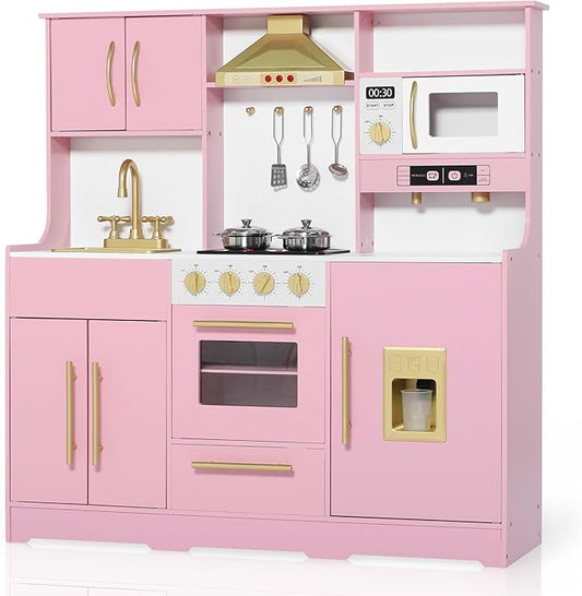 Kids Kitchen Playset, Wooden Play Kitchen with Toy Storage System, Pretend Play Kitchen Set Toy with Range Hood, Ice Maker & Coffee Maker, for Kids Ages 3+, Pink