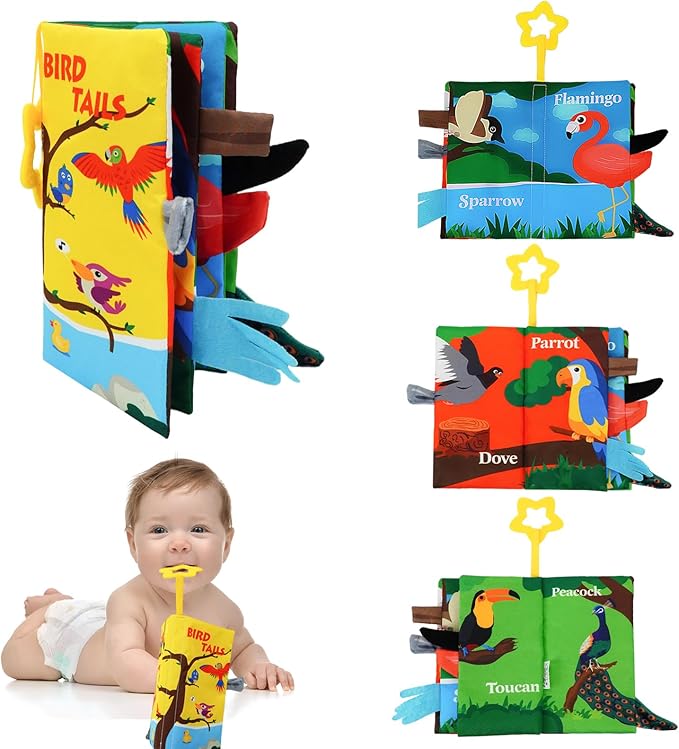 Baby Books Toys 0-12 Months with Teether,Tummy Time Crinkle Sensory Toys,High Contrast Touch & Feel Soft Book, Early Learning Infant Toys,Shower Gift for Boys Girls (Flying Animals)