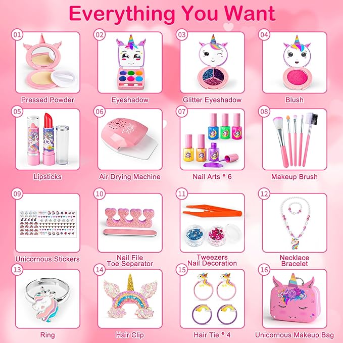 Kids Makeup Kit for Girl - 2 in 1 Kids Washable Makeup Toys & Nail Art Kit with Nail Dryer and Storage Case, Real Girl Makeup Set Birthday Gifts Toys for 3 -12 Year Old Girls, Dark Pink