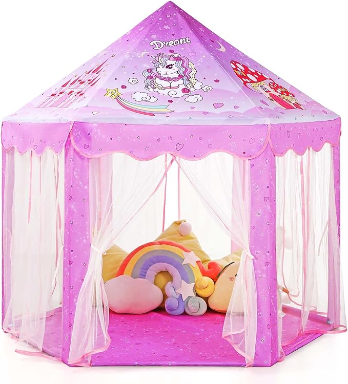 Monobeach Princess Tent Girls Unicorn Large Playhouse Kids Castle Play Tent with Star Lights Gift Toy for Children Indoor and Outdoor Games, 55'' x 53'' (DxH)