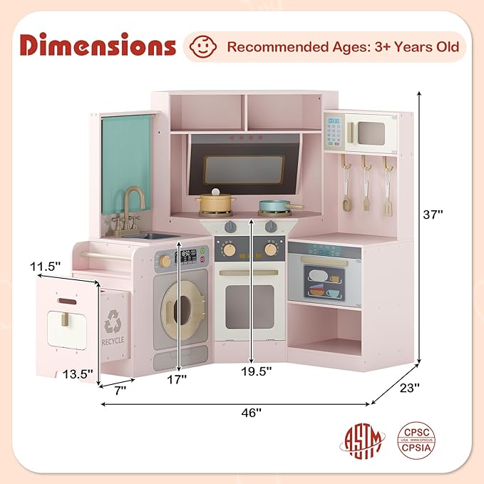 Costzon Corner Play Kitchen, Large Pretend Play Kitchen w/Real Light & Sound, Pull-Out Trash Can, Stoves, Microwave, Oven, Washer, Little Chef Wooden Kitchen Playset for Kids 3+ Years Old (Pink)