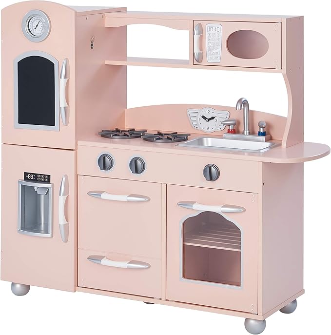 Teamson Kids Little Chef Wooden Westchester Retro Kids Play Kitchen Playset, for Toddlers Child Children Boy Girl, Pink