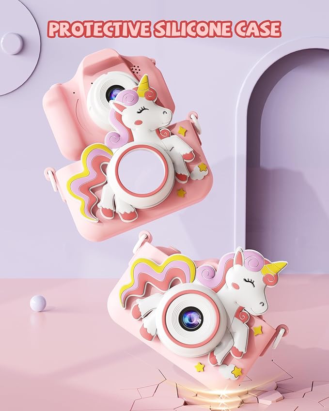 Kikapabi Unicorn Kids Camera Toys for Girls Boys Age 3-8, Christmas Birthday Gifts for Girls Age 3 4 5 6 7 8, Digital Camera with Silicon Cute Cover for Kids, Toddler Camera for Kids with 32G SD Card
