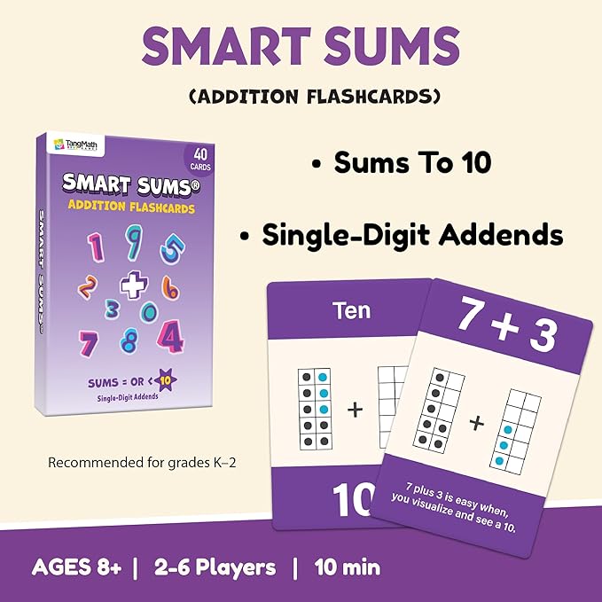 Smart Sums Addition Flash Cards – Single-Digit Addends, Sums to 10, Visual Math Clues & Rhymes for Kids Ages 4–7