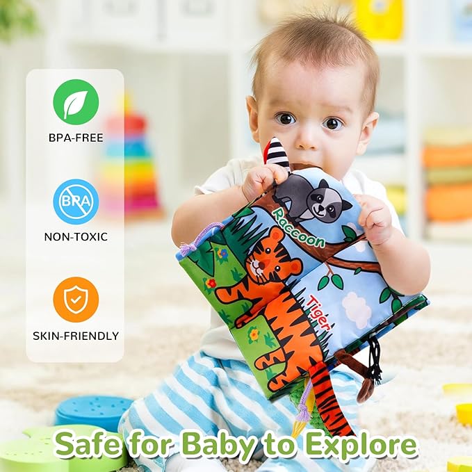HECCEI Baby Cloth Books Soft Baby Book 0-6 Months Crinkle Books with Tail Touch and Feel Sensory Toys for Infant Tummy Time for 3 Months+, Jungle Tails