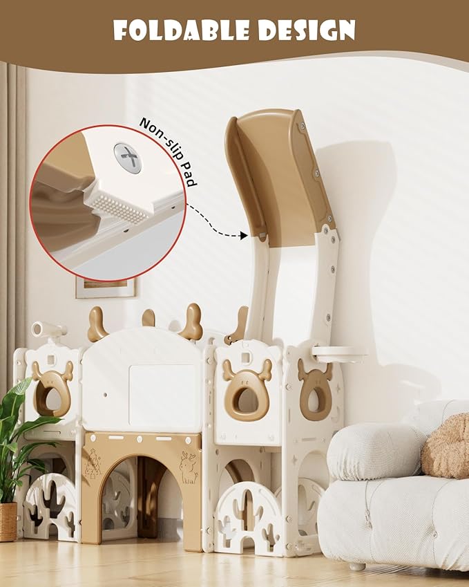 YUFU 13 in 1 Kids Slide for Toddlers, Toddler Slide Playset with Golf, Drawing Board, Climber, Basketball Hoop and Storage Space, Indoor Outdoor Toddler Playground for Kids Age 1-3 (Brown)