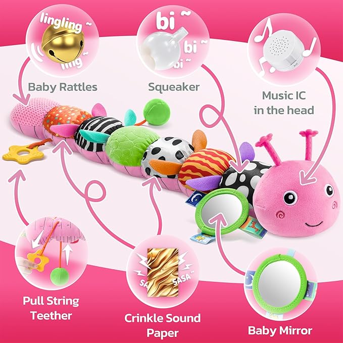 HEMRLY Baby Sensory Toy 0-6 Months, Musical Stuffed Caterpillar Plush with Teether, Crinkle, Rattle, Baby Mirror for Tummy Time, Infant Car Seat Toy for 0-3-6-12 Month Boys Girls Gifts - Winged Pink