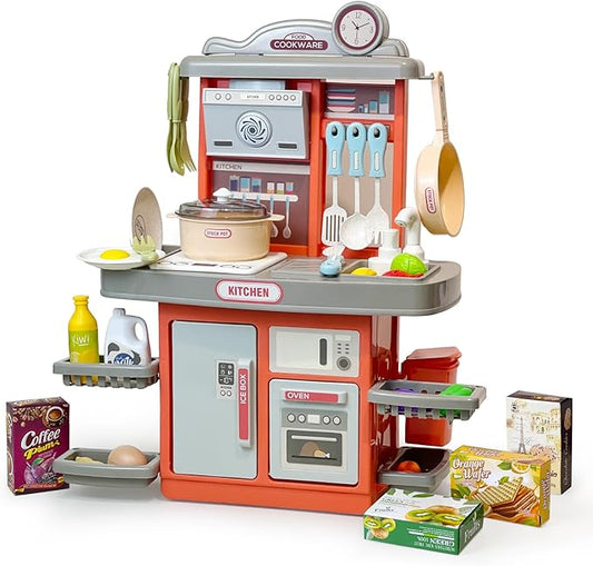 Play Kitchen Accessories for Toddlers, Cooking Stove with Realistic Sounds and Lights, Simulation Play Sink with Running Water, Pots and Pans Set, Play Foods Toys for Boys Girls 3 Years Up (Pink)