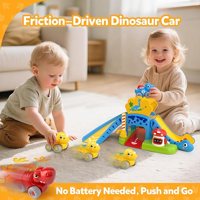 Toddler Toys for 1 Year Old Boy Gifts - Educational Dinosaur Slide Set with 4 Color/Number Push Cars and Playmat, Montessori Learning Toy for Baby 12-18 Months, 1st Birthday Present Ages 1-1.5, Yellow