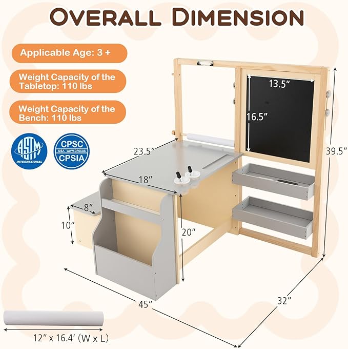 Costzon Easel for Kids, Wooden Art Center with Double-Sided Blackboard & Whiteboard, Paper Roll for Drawing, Crafts, Writing, Toddler Activity Table with Storage, Kids Table and Chair Set (Grey)