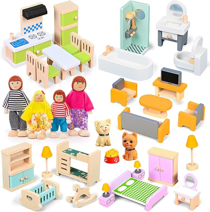 36PCS Wooden Dollhouse Furniture Set with 4 Flexible Family Dolls - 5 Room Realistic Doll House Accessories for Toddlers 3 4 5 6 , Pretend Play Toys Gift for Birthday and Christmas
