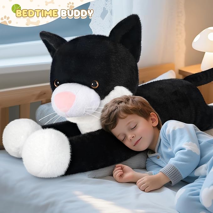 43 inch Black and White Cat Stuffed Animal, Lifelike Tuxedo Cat Plush Toy for Stress Relief & Companion, Extra Soft Giant Stuffed Animals, Giant Plushies Gifts for Kids Adults