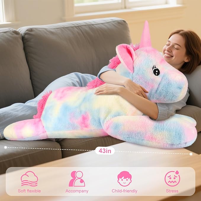 43 inch Giant Unicorn Stuffed Animal, Lifelike Giant Plush Unicorn Toys for Stress Relief & Companion, Soft Big Stuffed Animals, Rainbow Unicorns Big Plushies Gifts for Kids Adults