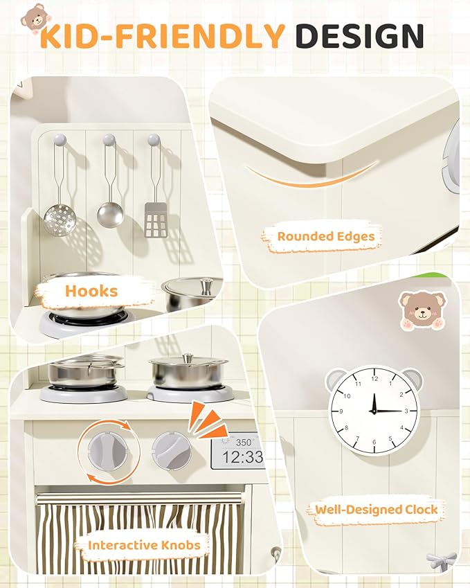 MAMIZO Play Kitchen for Toddlers, Wooden Kids Toy Kitchen Playset with Smart Storage, Ultimate Interactive, Simulated Gas Cooker, Sink & Faucet, 6 Pcs Cookware & Educational Clock (Cream)