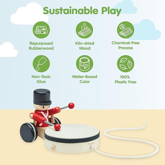 PlanToys® Wooden Pull Along Drummer | Musical Toy That Encourages Rhythm, Coordination & Focus | Montessori Eco-Friendly Educational Toy for Active & Imaginative Play