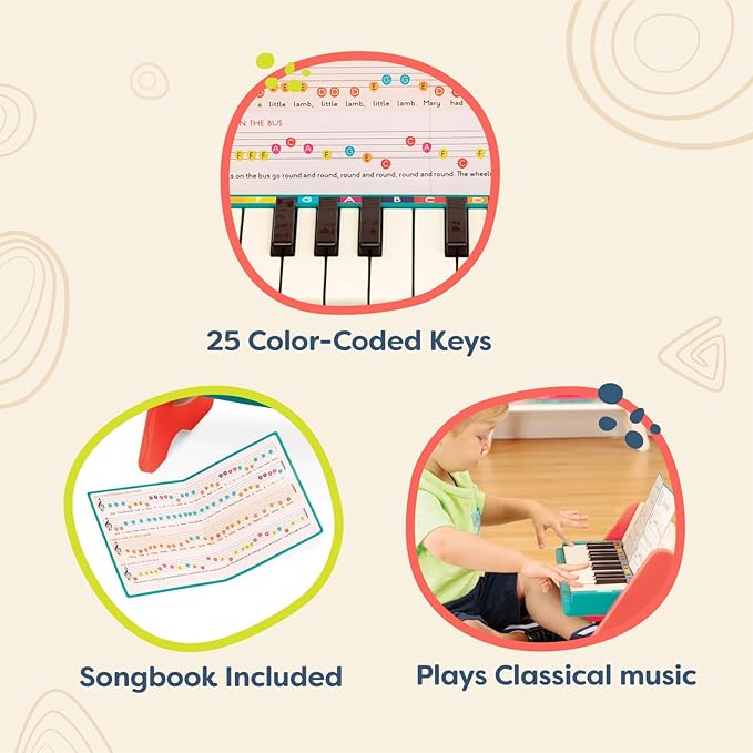 B. toys – Wooden Toy Piano for Toddlers, Kids – Color – Coded Keys with Songbook – Musical Instrument for Early Learning & Creativity – 3+ Years – Mini Maestro