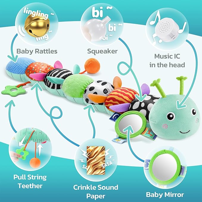 HEMRLY Baby Sensory Toy 0-6 Months, Musical Stuffed Caterpillar Plush with Teether, Crinkle, Rattle, Baby Mirror for Tummy Time, Infant Car Seat Toy for 0-3-6-12 Month Boys Girls Gifts - Leaf Blue